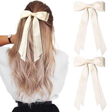 2PCS Silky Satin Hair Bows Hair Clip Light Beige Hair Ribbon Ponytail Holder Acc