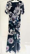 Adrianna Papell Floral Chiffon Maxi Dress Size 4 Navy Blue Light Purple Floral