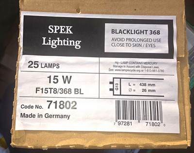 SPEK F15T8/368 BL 15W T8 UV-A Blacklight 368nm G13 Lamps NOS Case of 25