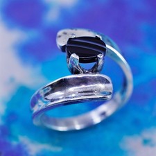 Size 6, vintage mexico Sterling 925 silver handmade ring, wrap band black agate