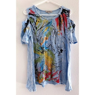 Jess & Jane Shirt Womens Large Blue Open Shoulder Abstract Artsy Colorful Fun