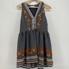 In Loom Womens Mini Dress Small Brown Boho Paisley Floral V-Neck Sleeveless Boho