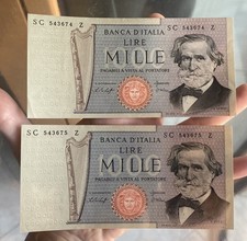 1000 LIRE 1977  VERDI COPPIA DI BANCONOTE CON NUMERI CONSECUTIVI UNC