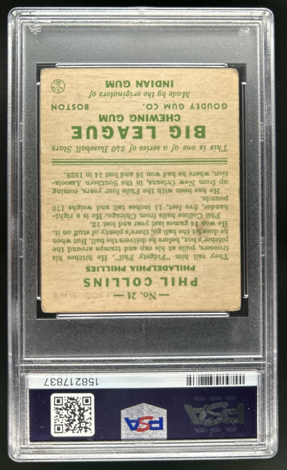 1933 Goudey R319 Phil Collins Rookie RC #21 Phillies PSA 1.5 view 2