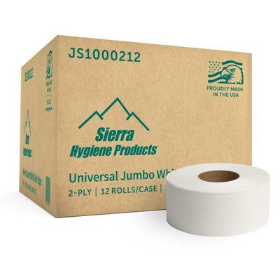 Sierra Hygiene 2-Ply Jumbo Toilet Paper, 3.5'' x 1,000', 12 Rolls, USA