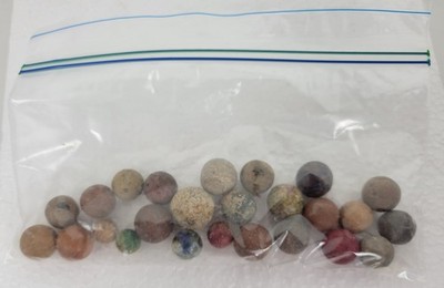 VINTAGE ANTIQUE  CLAY MARBLES (25)  at least One Glazed (Bennington?)