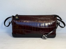 Vtg Brighton Purse Leather Double Strap Satchel Croc Embossed Dark Brown Leather