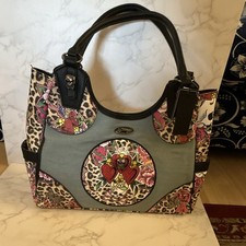 Ed Hardy Blue Cheetah Tote Skull Love Rhinestones Black Handles Zip Closure