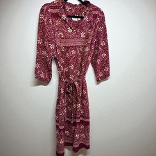 Vintage Lorac Original Floral Dress Burgundy Beige 3/4 Sleeve Tie Neck