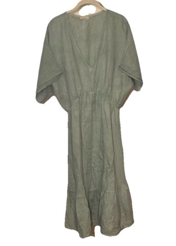 Women’s Logica Empire Waist 100% Linen Midi Moss Green Dress Made Italy XXL - 第 2/11 張圖片