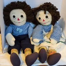 Raggedy Ann & Andy Handmade Yarn Hair Dolls 20" Blue Outfits Embroidered Faces