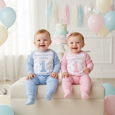Baby Mädchen oder Junge personalisiert rosa oder blau Geburtstag Schlafanzug Alter 1-4