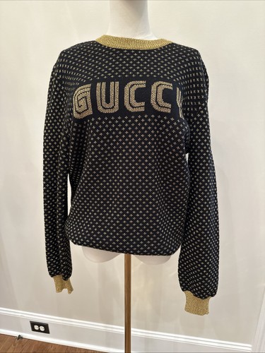 Gucci Black And Metallic Gold Wool Sweater XL