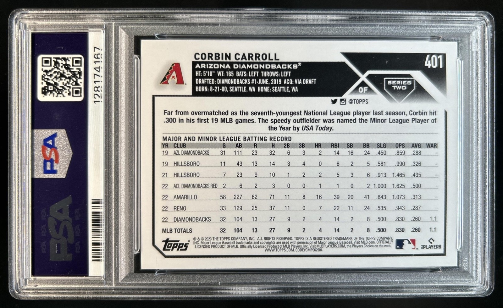 2023 Topps Corbin Carroll RC Gold Foil Rookie #401 Diamondbacks PSA 9 view 2