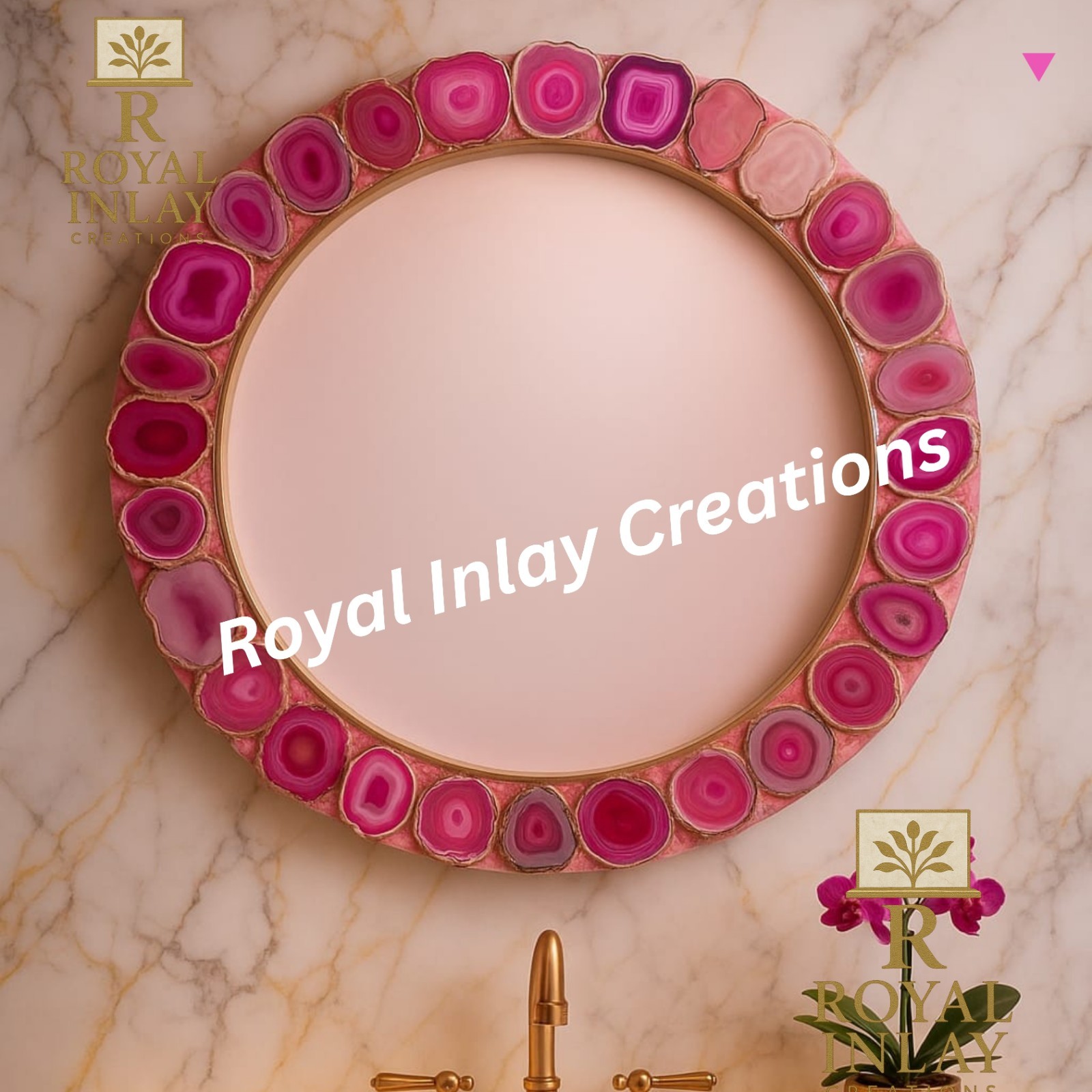 Round Pink Agate mirror – Multicolor Handmade Luxury wall mirror –