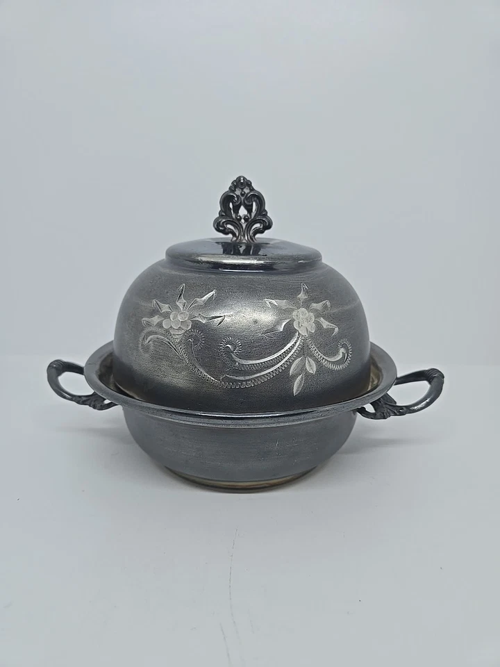 Antiguo plato de mantequilla grabado cuádruple plateado Victorian Empire Mfg Co. años 1800 Foto 4 de 4