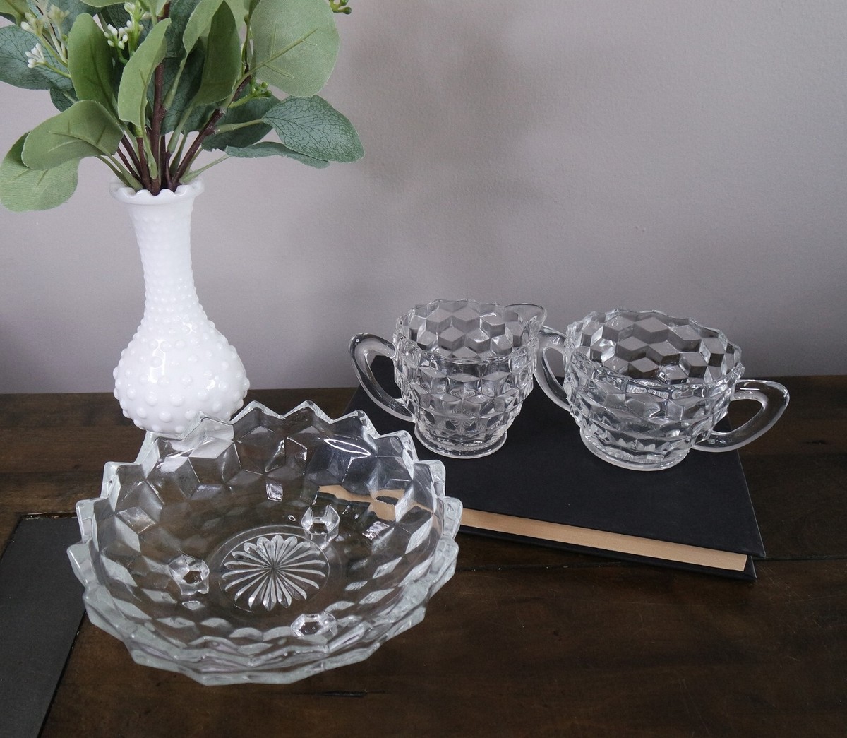 Vintage FOSTORIA American Clear Cubist Creamer, Sugar & 3