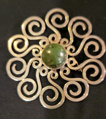 Mexico Taxco 925 Sterling Swirl Pin Brooch Green Stone With Halmark Stamp