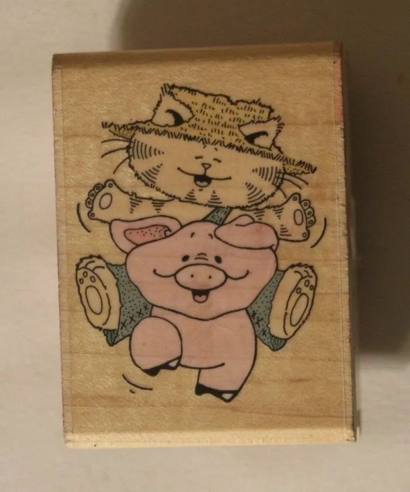 Piggy Back Ride Cartoon Cat Pig Friends Rubber Stamp Rubber