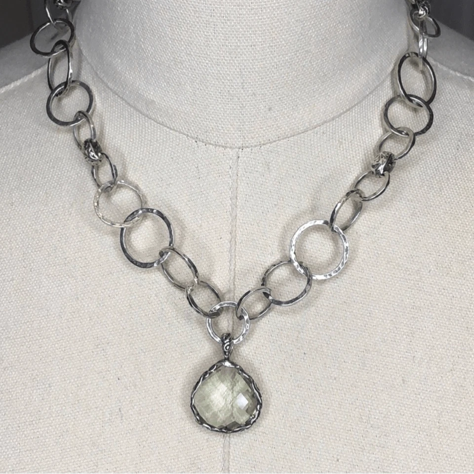 LOIS HILL Sterling Silver Faceted Green Amethyst Hammered Open Link Necklace
