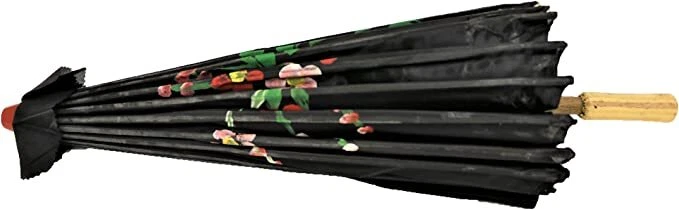 Sombrilla paraguas decoración 32" pulgadas de diámetro negro patrón floral madera bambú nailon Foto 3 de 3