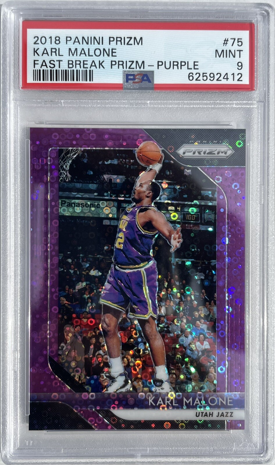 Karl Malone 2018 Panini Prizm Fast Break Prizm Purple #75 PSA 9 1/75