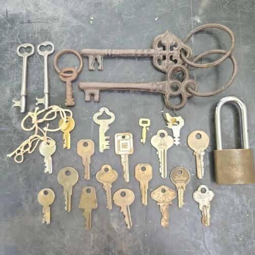 Vintage Key Lot w/ ATD SAFETY LOCK : SKELETON, CABINET Keys, ELGIN, FORD, WRIGHT - Picture 1 of 20