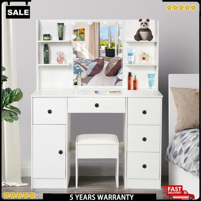 Morden Dressing Table 5 Drawer Makeup Desk Dresser w/Mirror and Stool Bedroom