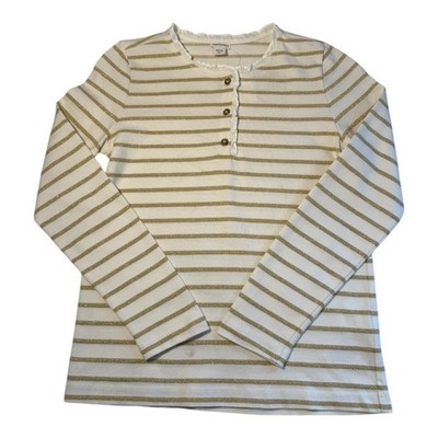 Crewcuts Girls Size 8-9 Long Sleeve Glitter Stripe Henley Shirt Top White Gold