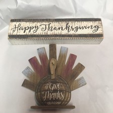 Thanksgiving Wooden Turkey w/Happy Thanksgiving Sign Give Thanks Decor