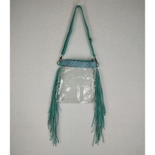 Clear PVC Fringe Crossbody Bag Teal Southwest Geometric Stadium Approved Purse