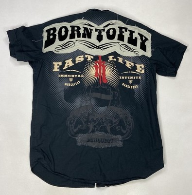 Nostic Born To Fly Fast Life Shirt Men Large Black Short Sleeve Pocket Y2K