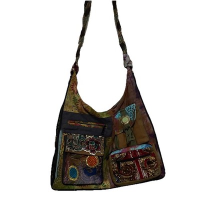 Blue Sky Boho Hippie Patchwork Hobo Floral Embroidered Shoulder Bag Expandable