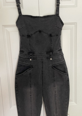 Maniere De Voir US 4 (UK 8) Gray Black Denim Jean Laced Back Catsuit Jumpsuit