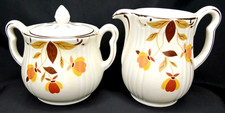 Hall Autumn Leaf Rayed Sugar Bowl & Creamer Made In USA Antique 1940s Signed