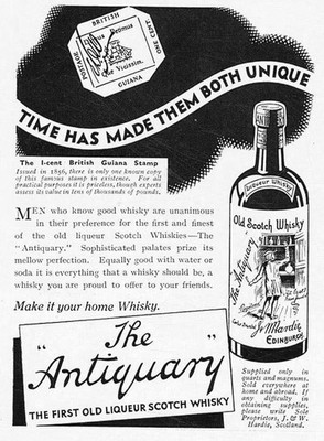 THE ANTIQUARY Old Liqueur Scotch Whisky by J&W Hardie Vintage Advert 1936