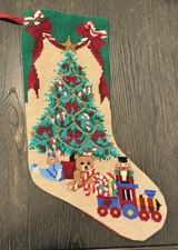 Vintage Handmade Needlepoint Christmas Tree w/Toys Stocking 18"