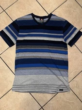 Southpole Striped V Neck T Shirt Blue Gray Black Short Sleeve Casual Tee L
