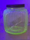 1930s Green Uranium Vaseline Depression Glass Ribbed Cookie Coffee Jar 8x6