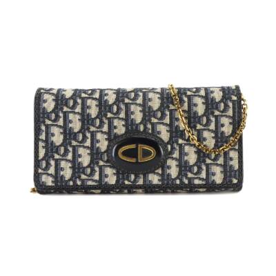 Christian Dior Oblique Chain Wallet Canvas Leather Navy Purse