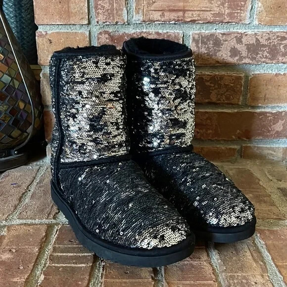 UGG Classic Short Black Silver Sequin Boots UK