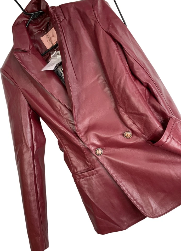 Size S Guess Womens Wine Red Faux Leather Blazer Jacket New Emelie $178 - Image 2 of 4