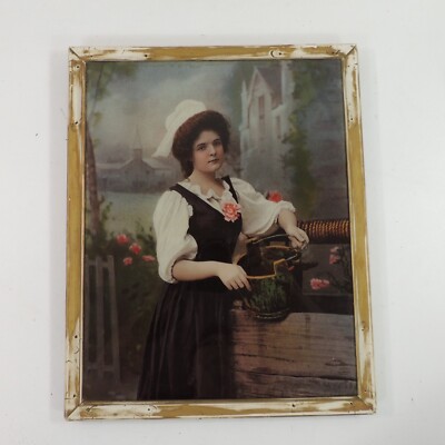 Antique Rustic Maiden Dutch Milk Maid Ullman Litho Color Print Framed 10 x 14