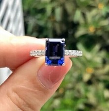 Solitaire With Accent Wedding Ring Emerald Cut Lab Created Sapphire 925 Silver