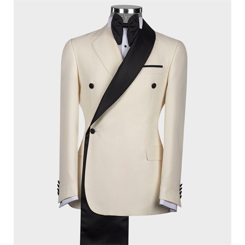 Patchwork Men's Suits 2 Pieces Beige Black Jacket Wedding Party Groom ...