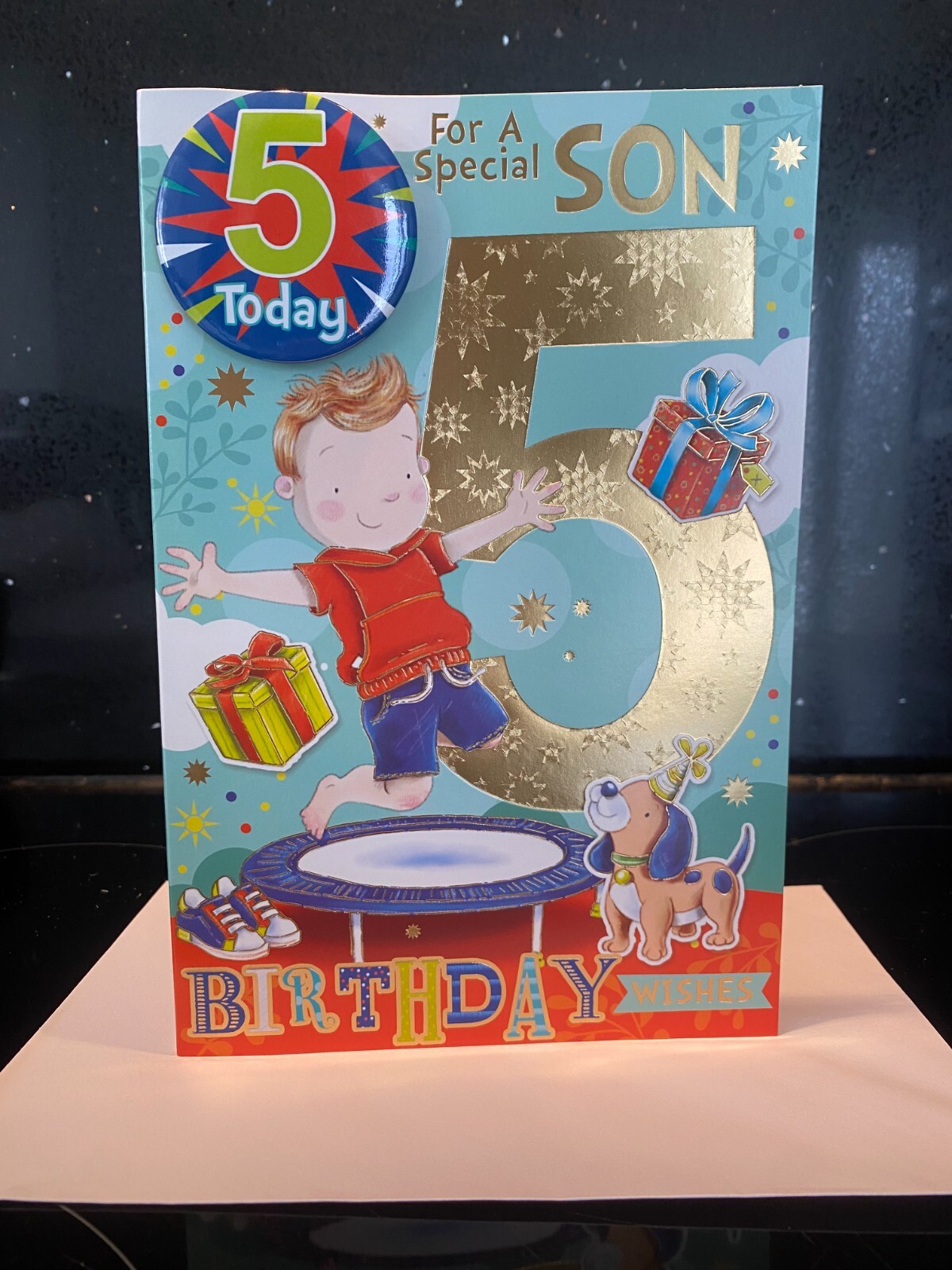 5TH SON BIRTHDAY CARD WITH SAFETY BADGE VERSE  9"" X 6"" AGE 5