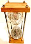 Rare Sand Hourglass Silver and Glass + Wood, Base, Grey Sand  10" Tall * Vintage
