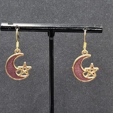 New Moon Star Pierced Earrings Gold tone Purple Enamel Dangle 3/4"