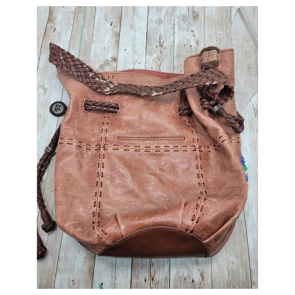 THE SAK Indio Cartera de Hombro Cuero Marrón Cordón Mochila Cartera Tejida Str Foto 3 de 4