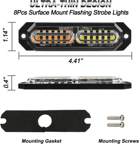 8Pcs Ultra Slim 12-LED Surface Mount Strobe Lights for Truck Car Vehicle (Amber/ - 第 5/12 張圖片
